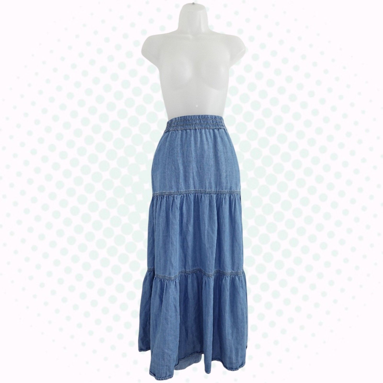 Sigrid Olsen Light Wash Blue Denim Western Boho Tiered Maxi Skirt Size Xs